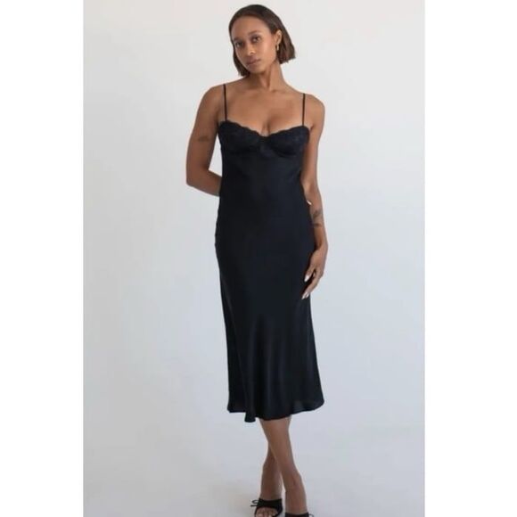NWT Rumored Negroni Midi Slip Dress in Black Bamboo - Picture 2 of 5